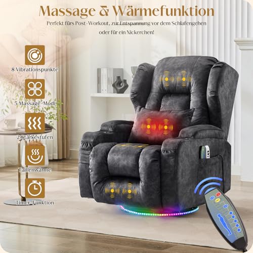 TCGBKAF Elektrischer Fernsehsessel Relaxsessel mit Liegefunktion,270°Drehsessel Kinosessel Massagesessel mit Wärmefunktion,TV Sessel Liegesessel fürs Wohnzimmer bis 150kg (Samtstoff, Grau) – Bild 6
