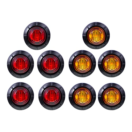 Ledvillage 10 Pcs 3/4 Inch Mini 5 Amber + 5 Red Light Clearance Side Marker Indicator Lamp Bullet Sealed Button SMD for RV Trailer Truck Pickup Universal 12V DC 3LED
