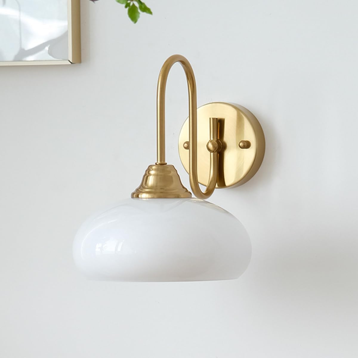 Modern Light Luxury Gold Milk Glass Wall Sconce Light Mid Century Modern Wall Mount Nordic Farmhouse Goosneck Indoor Wall Lighting Large Bedside Wall Lamp for Bedside Living Room Porch