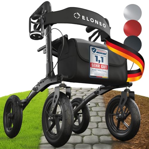 ELONEO Rollator faltbar und leicht mit Sitz Outdoor Rollator mit Luftbereifung inkl. Sitzfläche Rückengurt höhenverstellbare Gehhilfe aus Aluminium inkl. Tasche und Stockhalter Schwarz