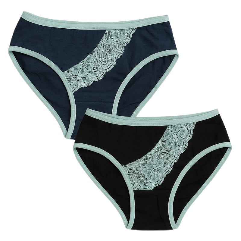 Women's Cotton Bikini Panties with Lace Side Panel – Comfortable Mid-Rise Underwear – 2 Pack (Blue,Black)-picture-31