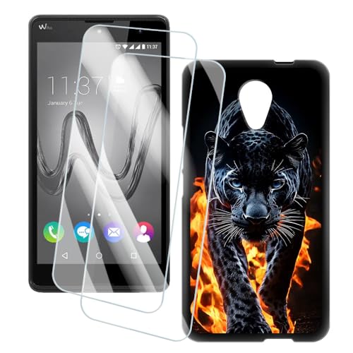 OAGELIM 2 Pack Protège-Écran + Coque Compatible avec Wiko Robby (5.5 Pouce) Coque Impression Artistique Personnalisée et Film Verre Trempé (Guépard)