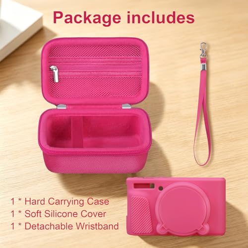 Image of Elonbo Camera Case for Canon PowerShot SX740 / SX730 Digital Camera, Canon SX740 / SX730 HS Hard Carrying Case + Soft Silicone Cover with Removable Lens Cover, Rosered