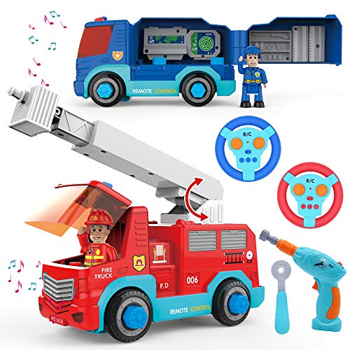 JOYIN Remote Control Take Apart Fire Truck & Police Car, Fire Trucks for Boys with Built-in Lights and Sounds & Drill, STEM Assembly Vehicle Toy, Firetruck Toys for Kids 3-8, Kids Fun Gifts