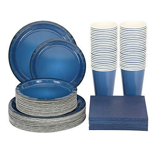 Swedin Blue Paper Plates, Disposable Paper Plates Set Including 50 Dinner Plates, 50 Dessert Plates, 50 Cups, 50 Napkins, Heavy Duty Paper Plates in Bulk for Party, Graduation, Birthday, Holiday Etc.