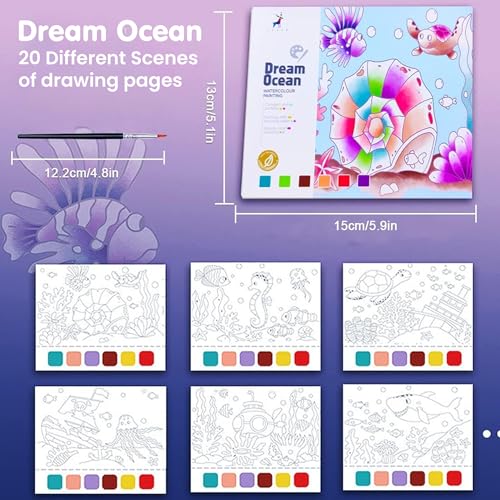 Image of Kidology Water Color Books for Kid, Painting Book with 20 Sheet, 1 Brush, Mini Watercolor Book, Educational Montessori Toy, Gift for Boys Girls, Art & Craft Travel Activity (Dream Ocean)