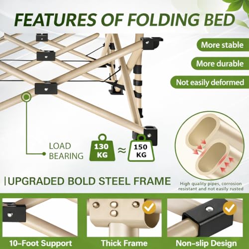 Image of 6FT Portable Folding Bed Single for Sleeping Outdoor Single Cot Foldable for Travelling Sleeping Bed for Adults Outdoor Camping with Side Pocket and Carry Bag Upto 150KG (Green, 188x66X40CM)