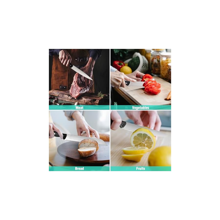 HAUSHOF 14 PCS Kitchen Knife Set With Block Wooden, Razor-Sharp Stainless Steel, Forged Triple Rivet, Chefs, Santoku, Slicing, Utility & 6 Steak Knives, Black