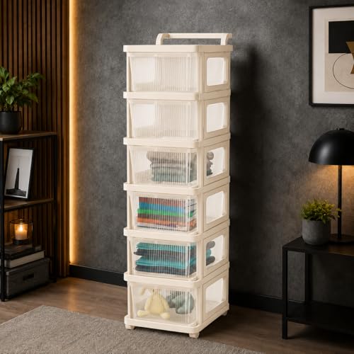 Image of URBAN LUXY Plastic Storage Drawer Organizer with Wheels | Multi-Purpose Chest of Drawers for Home, Office & Bedroom | Clothes, Toys & Stationery Organizer (Ivory & Brown, 6 Layer)
