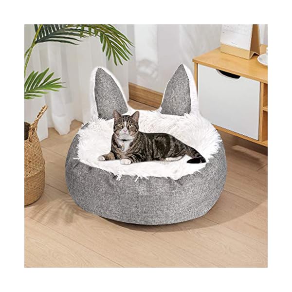 Queta Haustierbett für Katzen und Hunde, Rundes Plüsch Weich Hundebett, Schöne Katzenbett in Katzenohren-Form(45cm) (grau) – Bild 7