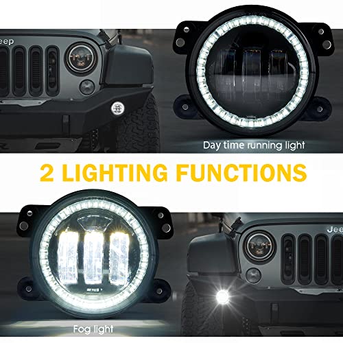Image of 4 Inch 60W LED Fog Light w /White Halo DRL Compatible with 07-18 Jeep JK JKU | 2 Light Functions, Angel Eye, Adjustable Angle, Waterproof, Plug N Play, DOT Approved