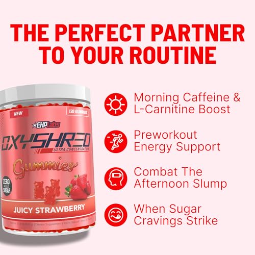Image of EHP Labs OxyShred Gummies - Pre Workout Gummies & Energy Chews with 100mg Caffeine, L-Carnitine for Thermo & Metabolic Support, All Natural Energy Boost - Strawberry Flavor - 60 Servings (Pack of 2)