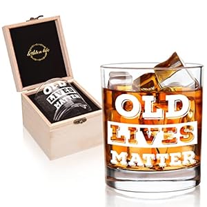 LIGHTEN LIFE Old Lives Matter Whiskey Glass 12 oz,Rock Glass in Valued Wooden Box,Funny Birthday or Retirement Gift for Grandpa,Dad,Old Man,Old Fashioned Whiskey Glass