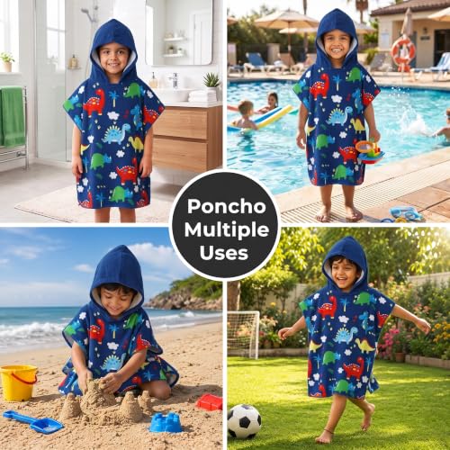 Image of Kids Poncho Towel 120x60 CM, Dinosaurs, Navy Blue