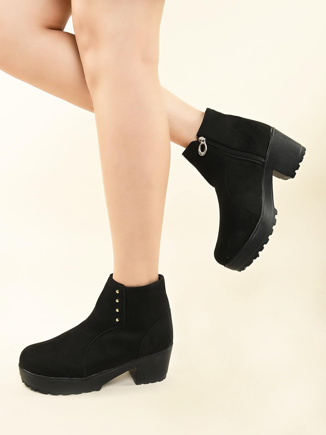 XE Looks 100% Vegan Leather Women's Black Suede Ankle Boots for Women | Chunky Heel with Decorative Studs | Comfortable & Stylish Winter Boots For Girls & Women 2