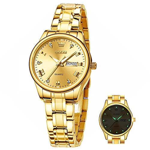 OLEVS Gold Watch for Women with Date Day Stainless Steel Waterproof Small Face Quartz Analog Ladies Watches Fashion Gold Black White Dial Female Wristwatch