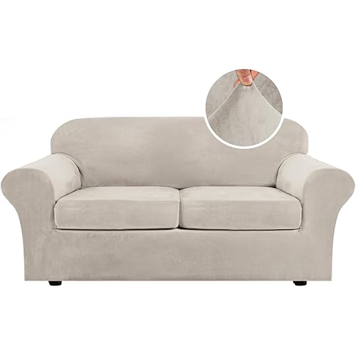 H.VERSAILTEX Real Velvet Plush 3 Piece Stretch Sofa Covers Couch Covers for 2 Cushion Couch Sofa Slipcovers Width Up to 90 Inch Feature Thick Soft Stay in Place (Sofa, French Oak)