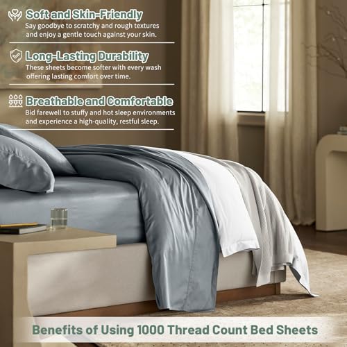 MEISHANG 1000 Thread Count Egyptian Cotton Sheets Queen - 100% Egyptian Cotton Sheet Set, Sateen Weave, Soft & Breathable, 16" Deep Pockets - 4 Piece (Queen, Sage Green)