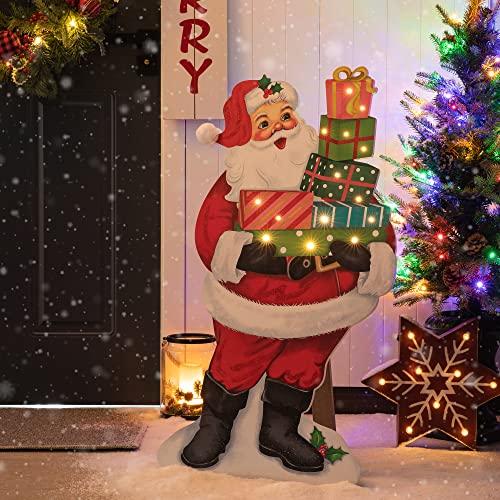 Image of Glitzhome 36 inch H Lighted Christmas Santa with Gifts Porch Sign Wooden Standing Santa Porch Decor Rustic Merry Christmas Welcome Sign Holiday Party Outdoor Indoor Xmas Decorations