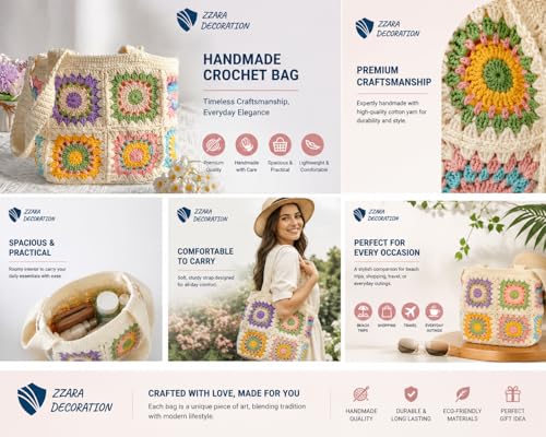 Image of Handcrafted Crochet Cotton Shoulder Bag, Handmade Granny Square Pattern Medium Size, Bohemian Style Beautiful Multicolor Handbag