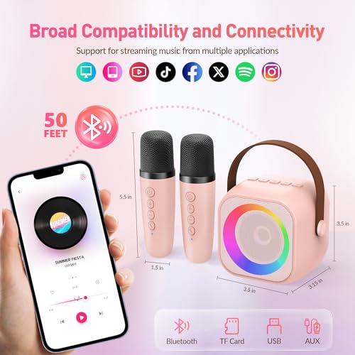 Image of Karaoke Machine for Kids Adults, Mini Portable Bluetooth Karaoke Speaker with 2 Wireless Microphone and Lights, Christmas Birthday Gifts for Girls Ages 4, 5, 6, 7, 8, 9, 10, 12+ Family Home Party