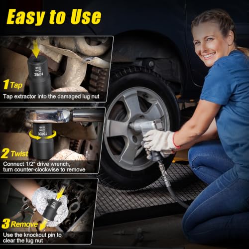 Image of Topec 6PCS Wheel Lock Removal Kit, 1 /2-Inch Drive Lug Nut Removal Tool, 17,19,21,22mm Stripped Lug Nut Remover, Extractor Socket Set for Broken, Damaged, Rounded Bolts