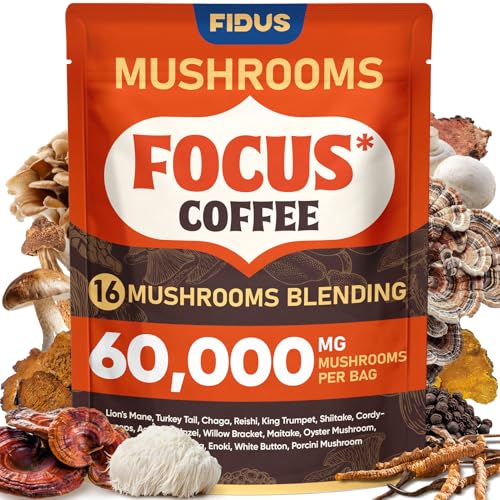 Fidus 16 in 1 Mushroom Coffee with 60,000mg Adaptogenic Mushrooms with Ashwagandha, Probiotic, Magnesium and Lion's Mane Instant Mushroom Coffee for Focus, Energy, Immunity & Digestion, 50 Servings