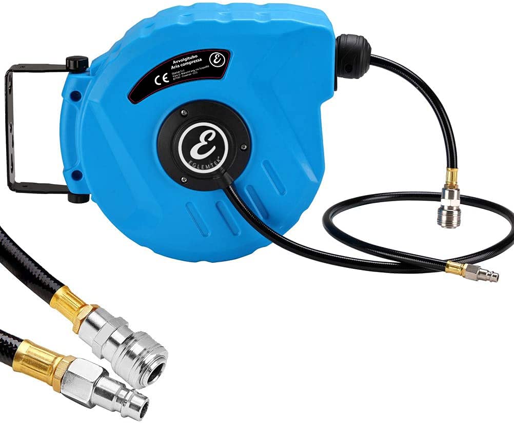 Cumana Avvolgitubo Aria Compressa con Tubo Professionale Attacco 1/4" Fissaggio a Parete Sistema Blocco Automatico Riavvolgitore Auto Stop Accessorio Compressore Salvaspazio Pressione 24 Bar 10 + 1 Mt