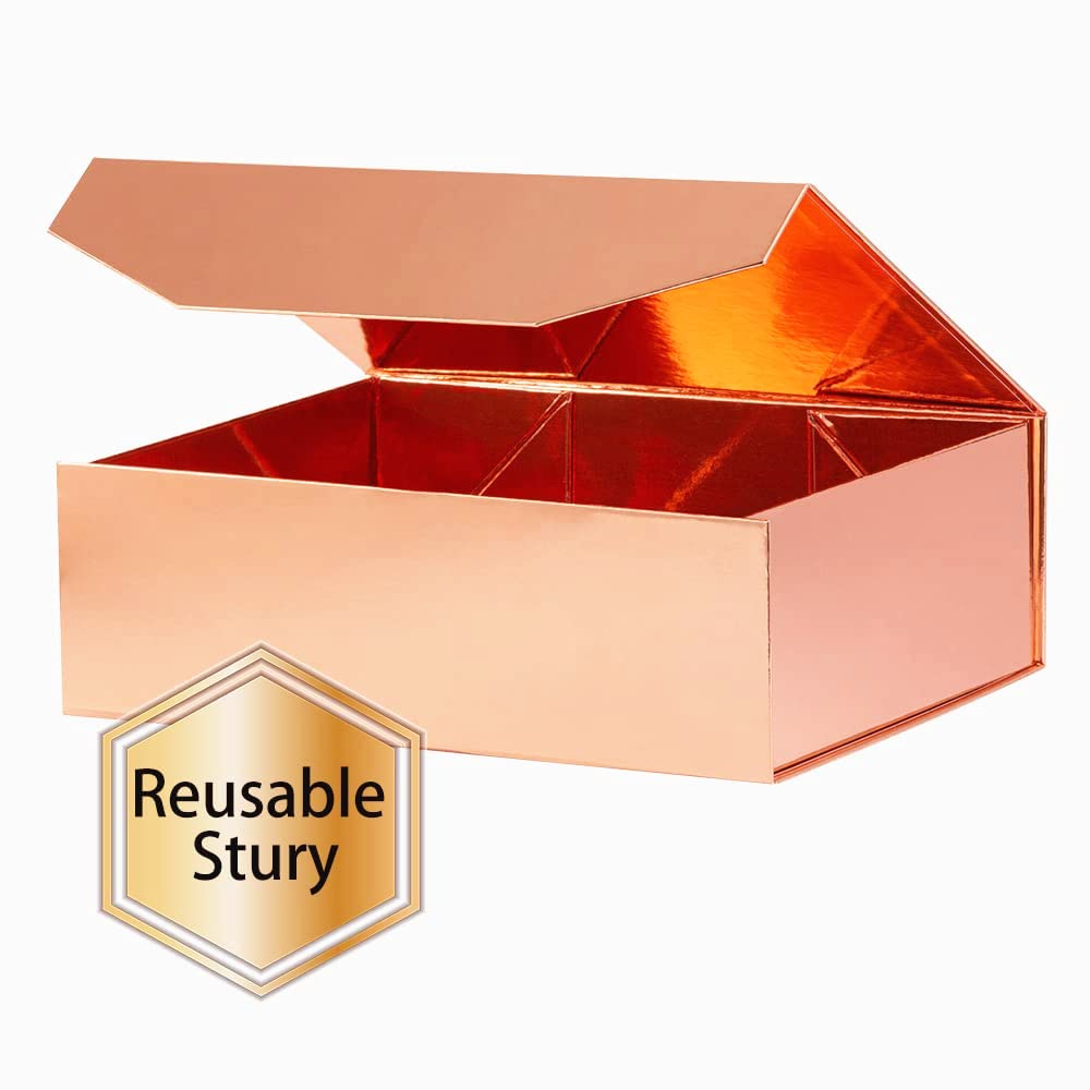 PACKGILO 5 dużych pudełek prezentowych w kolorze różowego złota z pokrywką, 33 x 23 x 10 cm, pudełka na oświadczyny dla druhny, twarde składane pudełko prezentowe z magnetycznym zamknięciem, pudełko