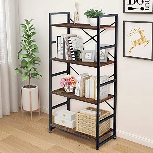 HATON 4-Tier Bookshelf, Simple Industrial Bookcase Standing Shelf Unit Storage Organizer with Wood