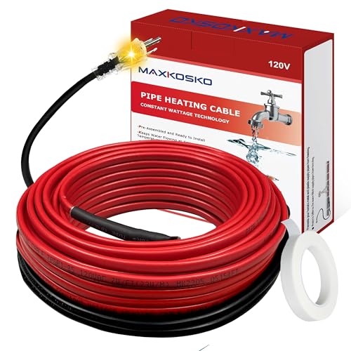 MAXKOSKO 28 Feet Pipe Heat Cable for Water Pipe Freeze Protection, Heat Tape for Pipes with Thermostat, Prevents Pipe Freeze, for Metal & Plastic Pipes, 120V 7W/FT