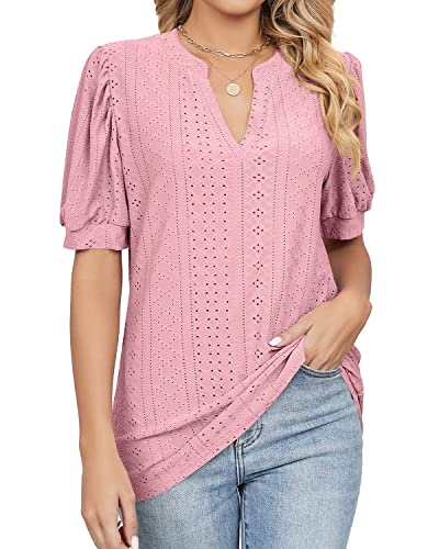 WELINCO Women's Casual Summer V-Neck T-Shirts Puff Short Sleeve Tops Tunic Blouses2