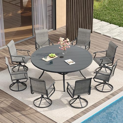 Image of VICLLAX 60 inch Outdoor Round Patio Table for Lawn Garden, All Weather Metal Patio Dining Table with Adjustable Umbrella Hole, 8-10 Person, Grey