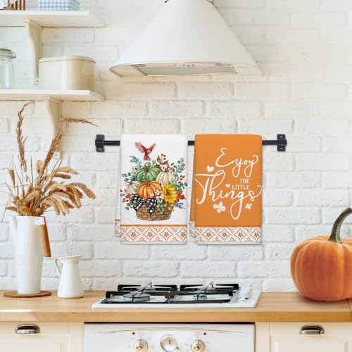 Image of Fall Pumpkin Cardinal Basket Kitchen Towels, Thanksgiving Dish Towels Set of 2, Autumn Sunflower Harvest 18 x 26 Inch Hand Towel Quick Drying Dishcloth Decor for Kitchen Bathroom Home
