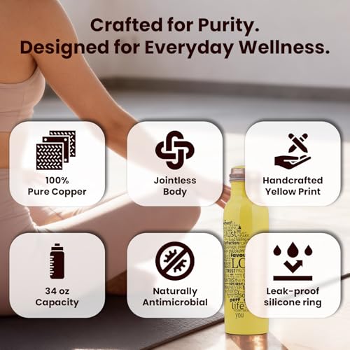 Image of Craft Trade Pure Copper Water Bottle 32 oz / 950ml with Unique Yellow Typography Print | Leak Proof Ayurvedic Healing Copper Flask for Sports, Fitness & Gifting
