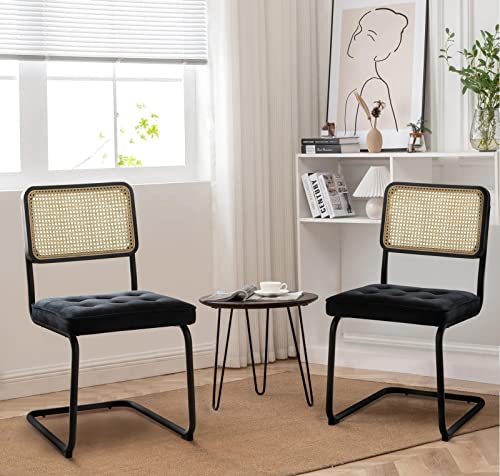 Colamy Mid Century Modern Dining Chairs Set Of 2, Velvet Rattan Dining Room Kitchen Side Chairs With Metal Chrome Legs And Upholstered Seat For Home, Living Room, Bedroom - Black #TOP7