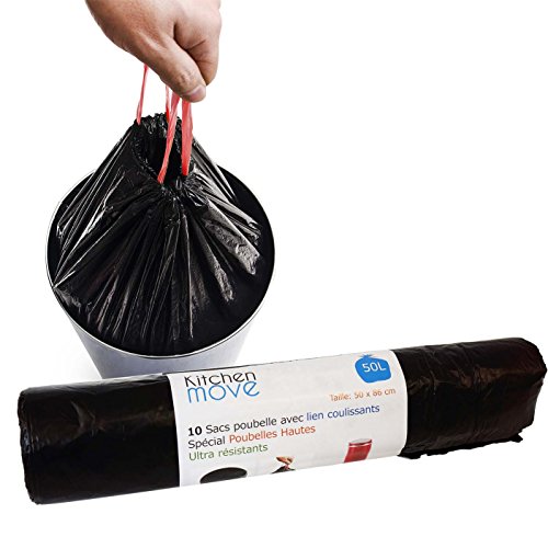 Kitchen Move SACPOU50 10 Sacs 50 litres avec Lien coulissants Spécial Poubelles Hautes Ultra résistants, Plastique, Noir, 55 x 55 x 85 cm