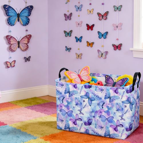 Image of Rectangular Purple Butterfly Baskets,Foldable Waterproof Outdoor Purple Gift Basket with Handle,Baby Storage Basket,Girls Baskets,Butterfly Room Decor(Cute Butterfly)