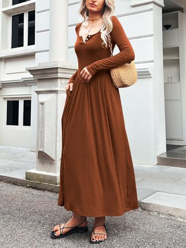 Image of Mieazom Long Sleeves Maxi Dress for Women A Line 2025 V Neck Casual Button Boho Tshirt Long Dress with Pockets