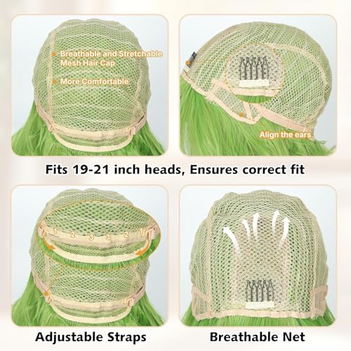 Image of QUEENTAS 14 Inch Short Wavy Green Bob Wig for Women with Bangs Glueless Synthetic Hair Natural Looking for St Patrick's Day Halloween Cosplay