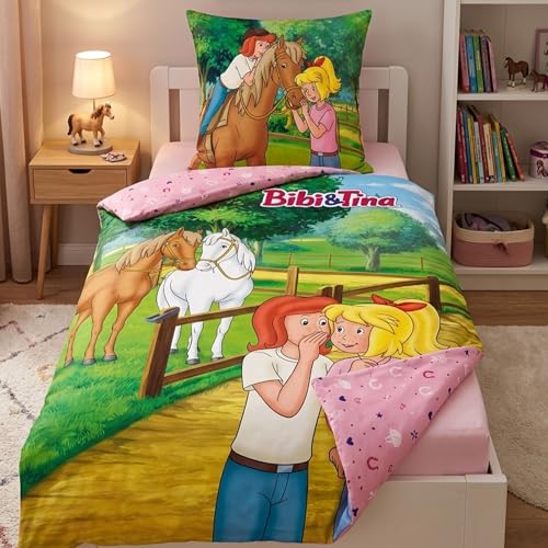 Familando Bibi und Tina Bettwäsche Set (2-teilig) Decken- & Kissenbezug 135x200 cm & 80x80 cm mit Reißverschluss 100% Baumwolle Renforcé Wendemotiv Oeko-TEX Zertifiziert