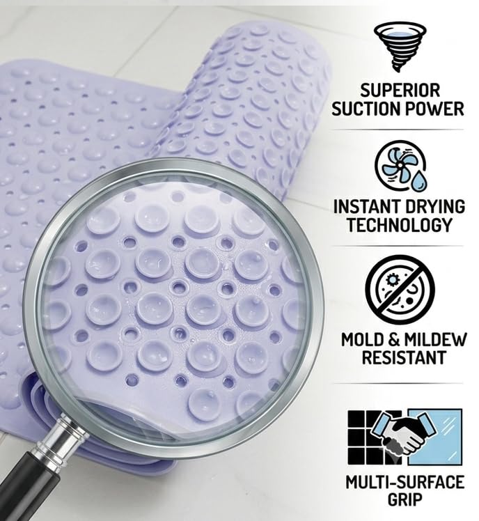 Image of Dribble Anti-Slip PVC Bath Mat with Suction Cups & Drainage Holes | Waterproof Shower Mat for Bathroom, Bathtub & Wet Areas | Soft Massage Surface, Quick Dry, Washable Bath Mat (70 X 38 cm) Blue