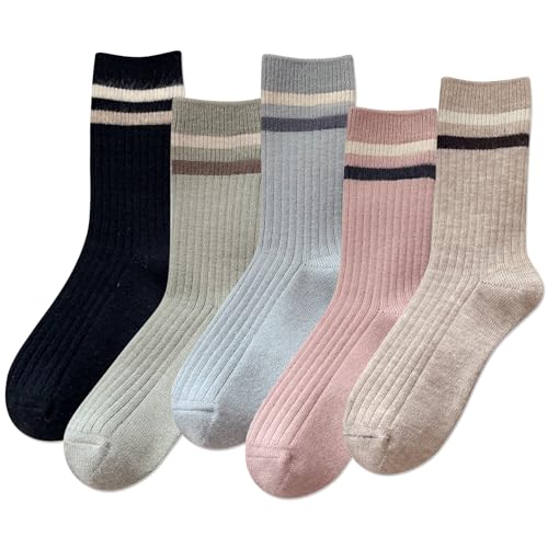 Image of IIG 5 Pairs Women's Vintage Style Thick Wool Warm Winter Crew Socks
