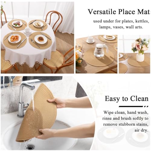 Image of SHACOS Round Placemats Set of 8 Washable 15 inch Round Placemat Cotton Polyester Woven Braided Table Place Mats for Dining Table Decor, Camel