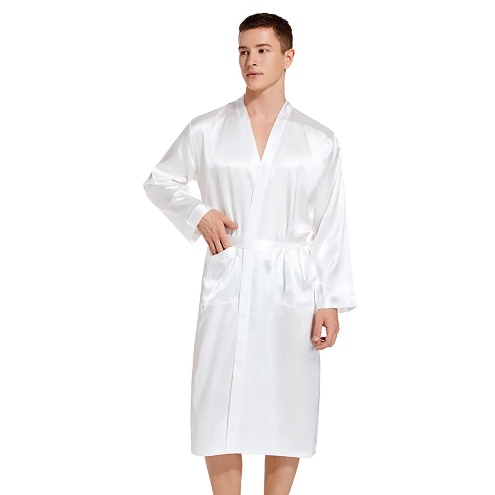 PODOLIXIA Albornoz para hombre, ligero, fino, tacto sedoso, bata larga, kimono de verano, bata con bolsillos, pijama informal para hombres, color sólido, bata de casa suelta