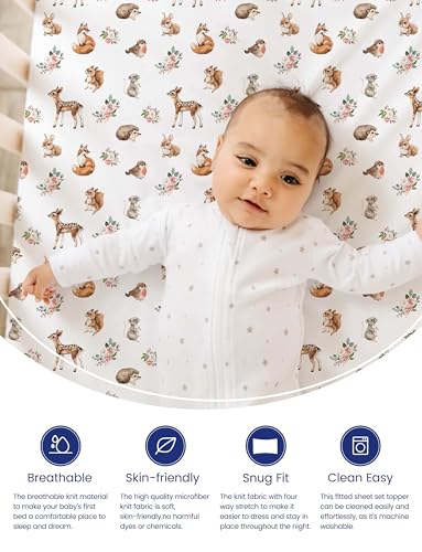 Image of TotAha Crib Sheets for Boys Girls, Premium Soft Crib Mattress Fitted Sheet, Super Stretchy Jersey Knit Baby Sheets, Silky Comfort Baby Bed Sheets 28x52x9 Extra Deep Pocket, 2 Pack (Forest Animals)