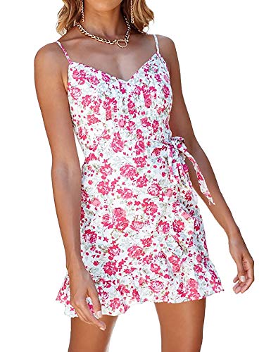 Relipop Women Spaghetti Strap Floral Print Ruffle Hem Mini Short Dress (T1, Large)