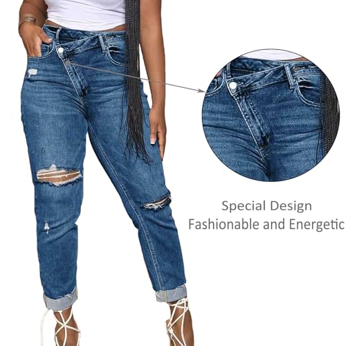 Women's Asymmetrical Skinny Ripped Jeans Trendy Stretch Skinny Boyfriend Jean Distressed Denim Pants for Women3