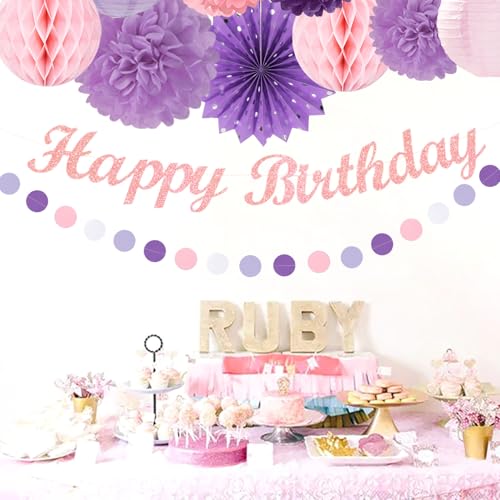 Image of Purple Lilac-Lavender Pink Women Birthday Party-Decorations - 21pcs Happy Banner,Paper Lanterns Honeycomb,Tissue Pom Poms Flower Fan,Classroom Hanging Streamers Garland,Girls Decor Supplies Huglony