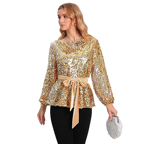 Women's Sequin Tops Long Sleeve with Belt Round Neck Glitter Casual Evening Party Pullover Sparkly Sweatshirt4